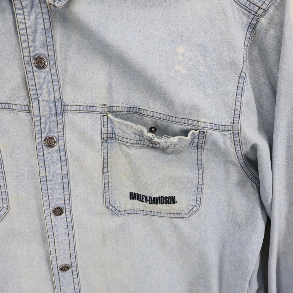 Harley Davidson XXL Light Wash Denim Button Shirt '03 C8036 HMGL Thrashed *READ - Picture 3 of 15